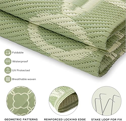 Ashler Outdoor Rug, Outdoor Plastic Straw Rug, 5x8 Reversible Sage Green Patio Mat, Flower Modern Design for RV, Backyard, Deck, Camping, Picnic, Spring, Summer, Durable & Weather-Resistant Area Rug