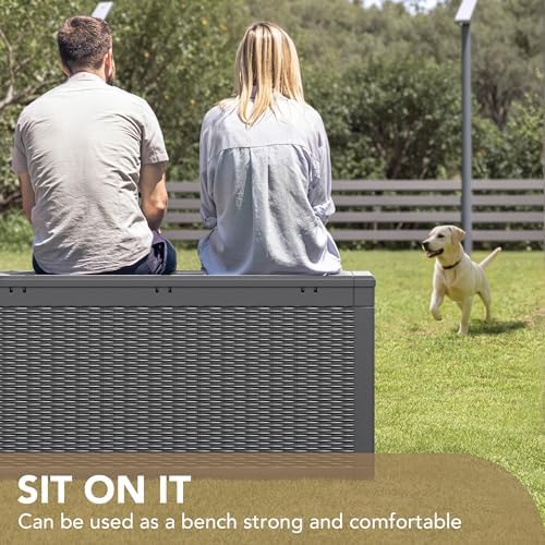 Devoko 100 Gallon Waterproof Large Resin Deck Box Indoor Outdoor Lockable Storage Container for Patio Furniture Cushions Garden Tools (100 Gallon, Grey)