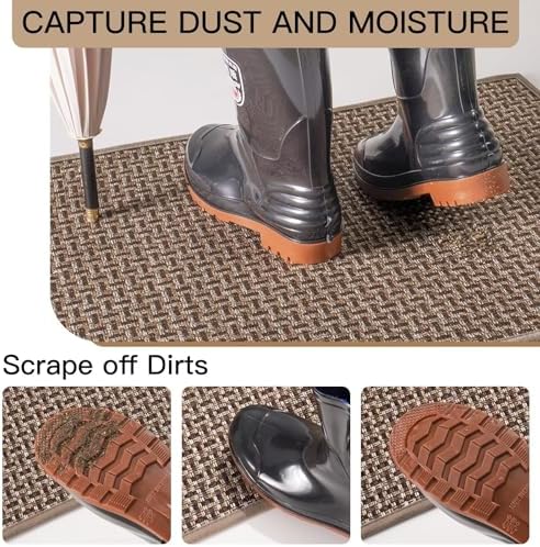 Door Mat 17x30, Door Mat Indoor Entrance Dirt Resistant and Absorbent, Non-Slip Rubber Backing Front Door Mats, Easy Clean Low-Profile Doormat for Entryway, Front Door, Inside Entrance, Brown