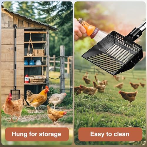 Metal Chicken Poop Scooper Heavy Duty Sifting Shovel Chicken Accessories Cleaning Tools Adjustable to 41.3" Long Handle Poop Shovel for Poultry Litter Scooper Supplies