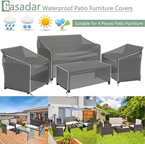 Gasadar Patio Furniture Cover 4-Piece Set, Heavy Dut 600D Outdoor Furniture Cover Waterproof for Lawn Patio Chairs, Loveseat and Coffe table, Grey