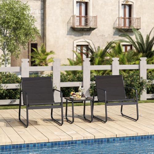 Gizoon Patio Chairs Set of 2, Patio Furniture Set with Metal Frame Glass Table, Outdoor Chairs Set of 2 for Balcony, Bistro Table and Chairs Set for Lawn, Black