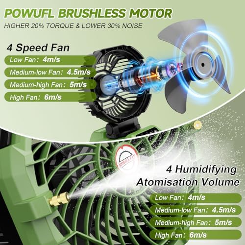 Lacoco Portable Misting Fan with 150 ° rotation, 30000mAh Rechargeable Battery Operated Fans, Outdoor Cooling Fan for Patio, BBQ, Worksite, Adjustable Base for 10-13in Bucket(No Bucket Included)
