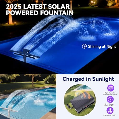 Pool Fountain with Lights for Above and Inground Pools, Triple Spray Solar Power Pool Waterfall Sprinkler Chiller Aerator, Water Fountain Swimming Pool Accessories with 9-Color Lights and 4 Modes