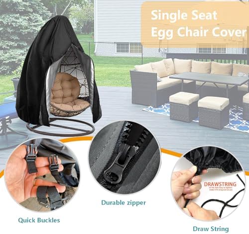 Oslimea Patio Hanging Egg Chair Cover Waterproof Swing Egg Chair Cover with Zipper Windproof Egg Chair Cover with Bottom Buckle, Outdoor Wicker Single Seat Egg Chair Covers, Black