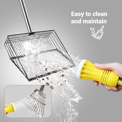 2pcs adjustable heavy 10 inch wide shovel area of chicken scooper for poop(36.6-61.8"long)and 11 tooth chicken coop rake(36.7-73"long). Suit for cleaning chicken coops, racecourses, and sheep pens
