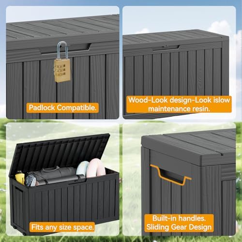 KAMABOKO Deck Box, 72 Gallon Resin Indoor and Outdoor Storage Boxes Waterproof for Garden Tools, Pool Accessories Storage Bench, Patio Furniture and Cushions with Lockable Lid, Black