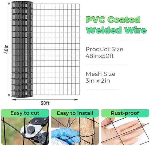 Garden Fence Black PVC Coated Welded Wire Fencing 48 Inch x 50 Foot, 2 Inch x 3 Inch 16GA, Garden Border Fencing Roll Vinyl Coating Metal Wire Mesh for Yard Vegetable Plant Protection Poultry Netting