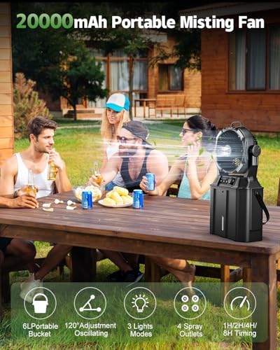 Portable Misting Fan with Remote, Camping Mister Fan for Outdoors Patios, Rechargeable Battery, 4 Spray Outlets, 3 Lights Modes, Stepless Speed and Timer for Fishing/Golf/Garden/Party/Office