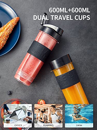 Personal Blender, Electric Shake Bottle with 2 x 20oz Travel Bottle and Coffee/Spices Jar, Portable Shaker Cups for Protein Shakes, 500W Single Serve Blender for Shakes and Smoothies, Sports(Black)