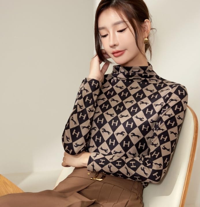 Freaswind Dralon Turtleneck Tops for Women Autumn Winter Thickened Thermal Underwear Inner Warm Printed Long-Sleeved Shirt (US, Alpha, Small, Regular, Regular, Horse)
