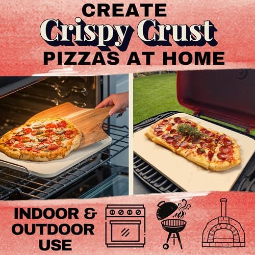 Pizza Stone for Oven and Grill Set - 5PCS Pizza Making Accessories Kit - 15 inch Pizza Stone with Handles, Pizza Peel, Pizza Cutter, Dough Tool - Baking Stone for Bread - Large Rectangular Oven Stones