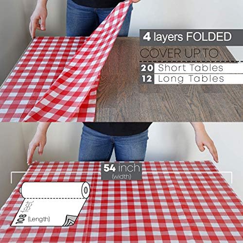 Neatiffy Disposable Plastic Table Cloth Roll | 54 in x 108 Ft Waterproof Tablecloth | Table Cover for Rectangle, Square, Round Oval Tables | Picnic, Party, Banquet, Birthdays, Weddings, Red Checkered