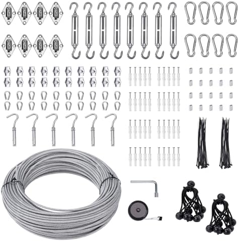 Shade Sail Hardware Kit 6 inch with 131FT 1/8" Wire Rope Kit for Triangle Rectangle Sun Shade Sail Outdoor Installation turnbuckles for Cables Wire for Outdoor,Garden,Kitchen,Craft,243PCS