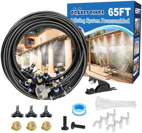 Pre-Assembled Misters for Outside Patio,Outdoor Water Misting Cooling System,65FT|20M.Backyard Mist Kit for Garden,Greenhouse,Deck,Umbrella,Canopy,Pool,Porch.Trampoline Sprinkler,BBQ Party Accessories