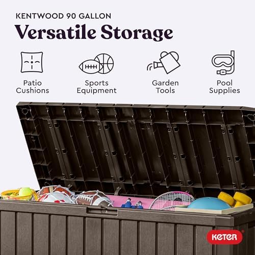 Keter Kentwood 92 Gallon Resin Deck Box-Organization and Storage for Patio Furniture Outdoor Cushions, Throw Pillows, Garden Tools and Pool Floats, Brown