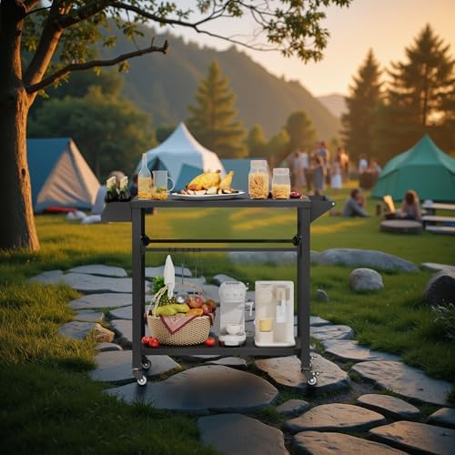 SUNCROWN Outdoor Grill Table with Wheels, Kitchen Cooking Prep Tables Movable BBQ Grill Cart for Garden, Camping, Home Party, Bar, Pizza Oven Table Stand