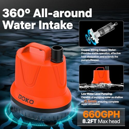 Small Submersible Water Pump, 660GPH Pond Pump with 6FT Power Cord and Handle, Ultra Quiet Pool Pump with 4 Nozzles and 4 Suction Cups, Drain Pump for Bathtub Pool Fish Tank