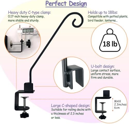 Heavy Duty Deck Hook,Courtyard Decoration,Pole 16.5”Long Metal Deck Railing Hooks for Hanging Bird Feeders,Planters,Suet Baskets,Lanterns,Wind Chimes,Clamp Mounted,Under 18 LBS