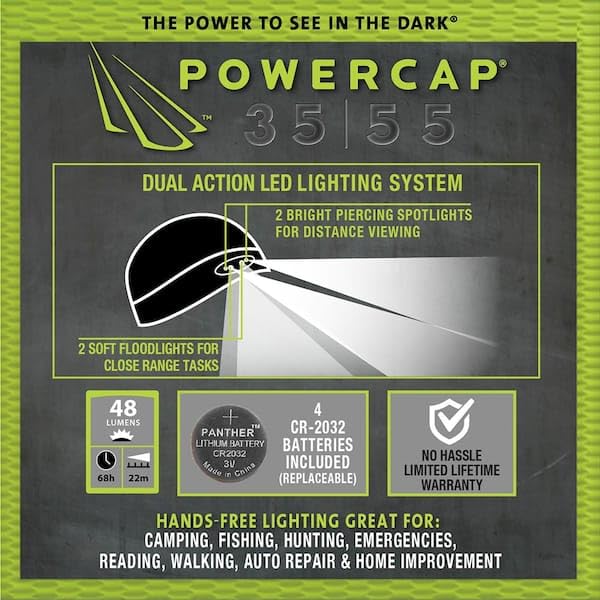 POWERCAP LED Beanie Cap 35/55 Ultra-Bright Hands Free LED Lighted Battery Powered Headlamp Hat - Black - One Size
