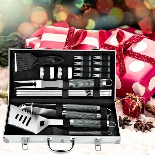 ROMANTICIST 20pc Heavy Duty BBQ Grill Tool Set in Case - The Very Best Grill Gift for Father's Day and Christmas - Professional BBQ Accessories Set for Outdoor Cooking Camping Grilling Smoking, Grey