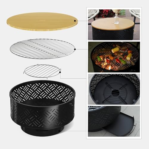 26" Wood Burning Fire Pits with Grill & Lid, Fire Pit Table for Outside with Waterproof Cover & Fire Poker, Outdoor Firepit with Functions for BBQ,Table and Bonfire