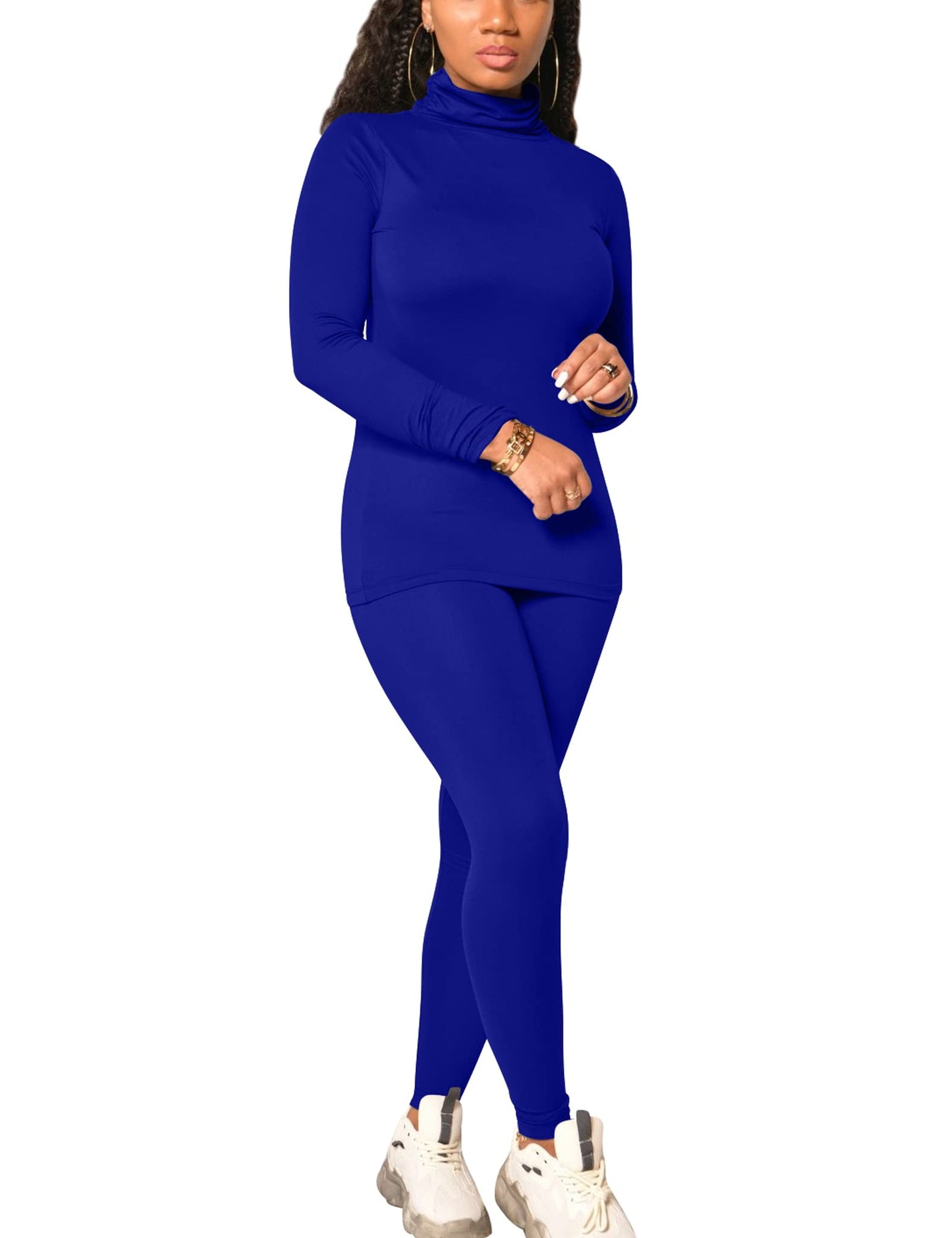 Mokoru Women's Tracksuit 2 Piece Outfits Turtleneck Long Sleeve Shirt Workout Jogger Legging Pants Set, Small, Royal Blue