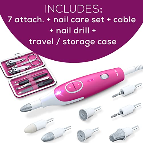 Beurer MP44 Professional Manicure and Pedicure Nail Drill Set, E-File with 7 attachments, LED Light, Electric Nail File with Additional Manual Nail kit, Pink