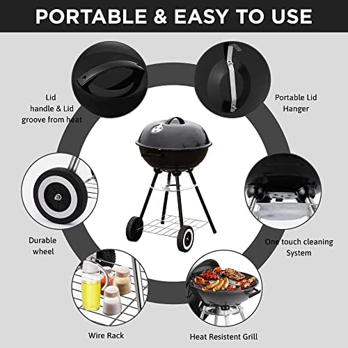 18 Inch Portable Charcoal Grill – Heavy-Duty Round BBQ Grill with Thickened Grilling Bowl, Sturdy with 4 Legs & Wheels for Small Outdoor Barbecue, Camping, Travel, Tailgating & Backyard Cooking
