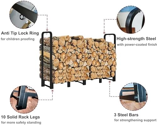 Artibear Firewood Rack Outdoor 8ft Heavy Duty Logs Holder for Indoor Fireplace Metal Wood Pile Storage Stacker Organizer, Matte Black