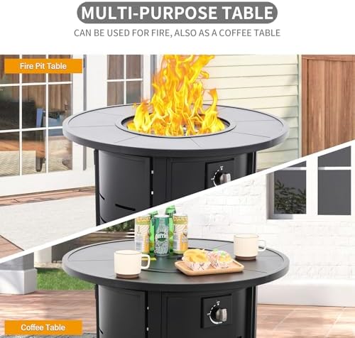 30 Inch Fire Tables Round Tabletop 50000 BTU Outdoor Fire Pits for Outside Steel Gas Fire Table with Fire Pit Lid Waterproof Cover, Black
