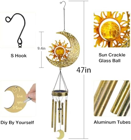 JYPS Sun Moon Solar Wind Chimes, 47-Inch Large Waterproof Windchimes for Outside with Glowing Crackle Glass Ball, Garden Patio Yard Decor Mother's Day Birthday Unique Gifts for Women Mom Grandma Wife