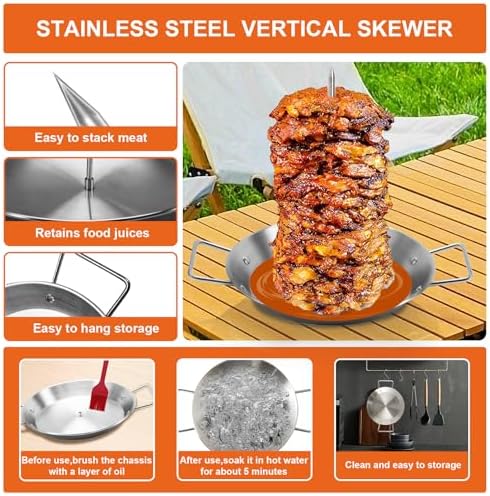 Al Pastor Skewer for Grill, Stainless Steel Vertical Skewer, Brazilian Vertical Spit with 3 Spikes(8”/10"/12”)& Brushes, for Tacos Al Pastor, Shawarma Kebabs Smoker Oven BBQ Dishes
