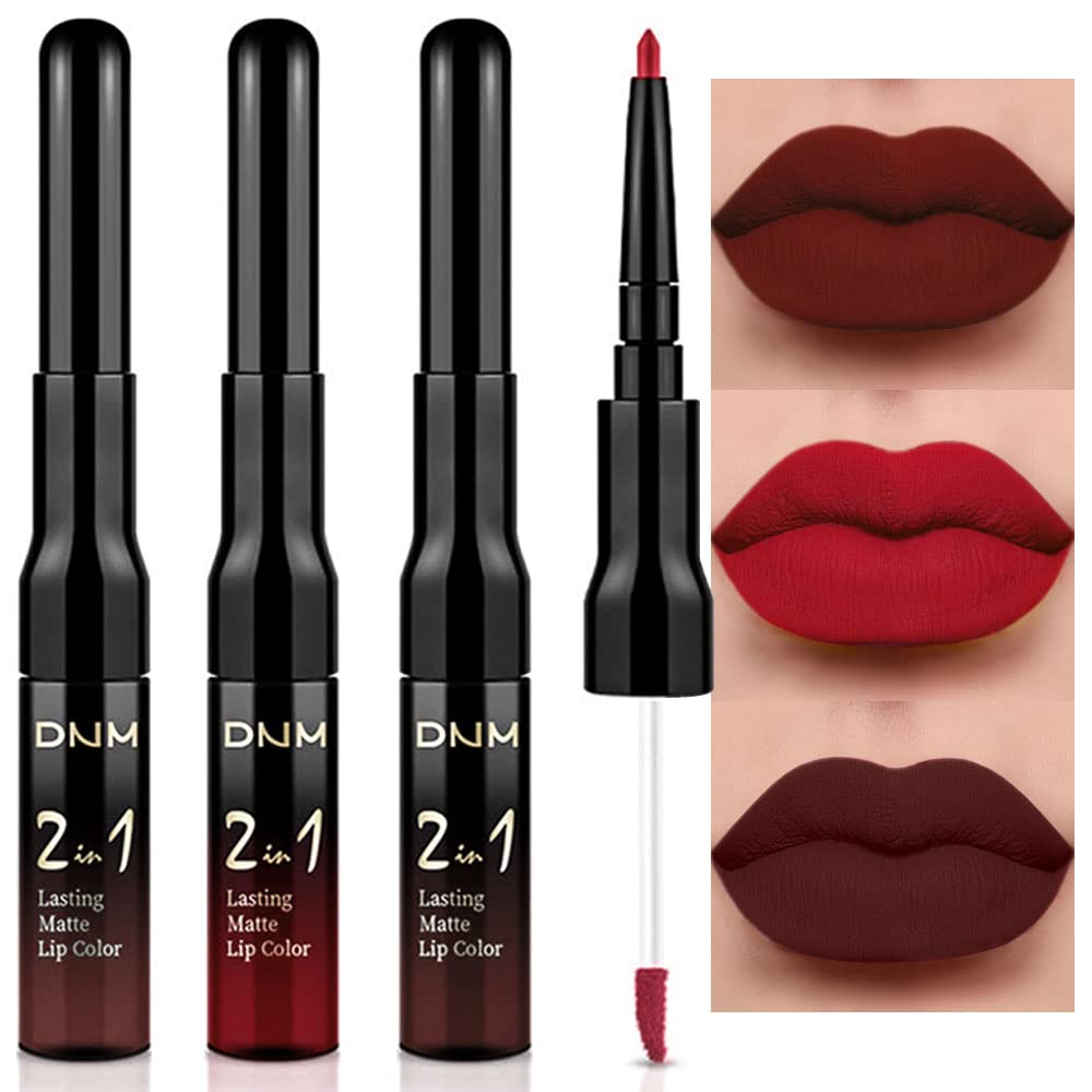 evpct DNM 3Pcs Dark Brown Red Matte Lip Liner and Liquid Lipstick Sets for Women Stay on Lipstick 24 Hour Lip Stick Packs Matte Lip Stain Lipgloss Sets for Dark Skin Women Waterproof Long Lasting 24