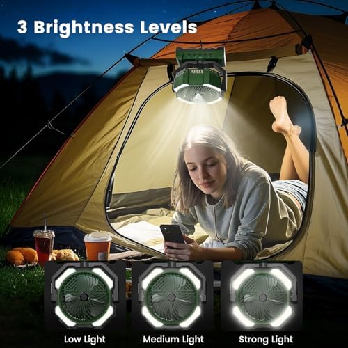 20000mAh Portable Misting Fan, USB Rechargeable Camping Fan with LED Light, Personal Battery Operated for Outdoor, Tents, Beach, Travel - 250mL Water Tank & Hook Included, Green.