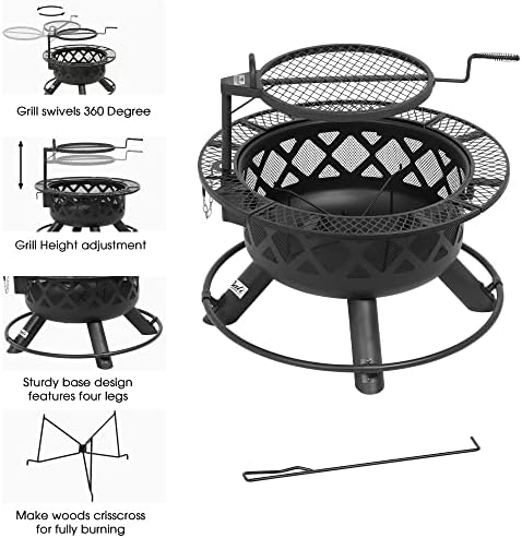BALI OUTDOORS Fire Pit with Poker, 32 inch Outdoor Fire Pit Patio, Wood Burning Firepits for Outside with Grill