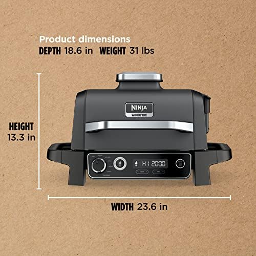 Ninja OG751 Woodfire Pro Outdoor Grill Built-In Thermometer,7-in-1 Master Grill,BBQ Smoker,& Outdoor Air Fryer Plus Bake,Roast,Dehydrate & Broil,Woodfire Technology,Weather-Resistant,Grey XL