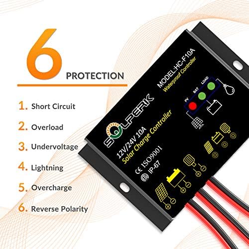 SOLPERK 10A Solar Charge Controller Waterproof Solar Panel Controller 12V/24V PWM Solar Panel Battery Intelligent Regulator for RV Boat car ,with LED Display