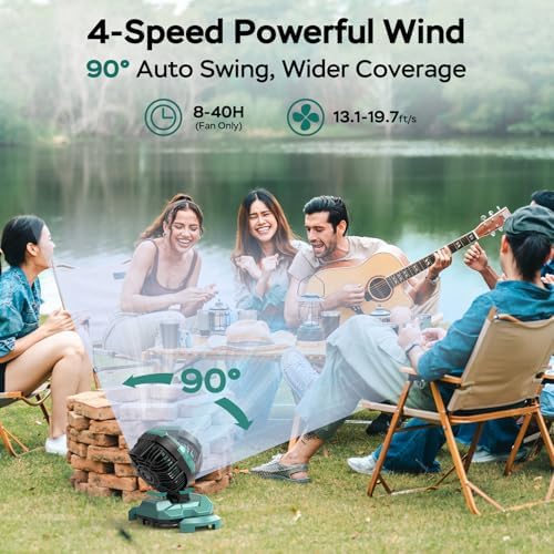 Portable Misting Fan for Outdoors Patios - 30000mAh Rechargeable Battery Powered Camping Fan, 4 Spray Mister with Timer, Fits 10-13" Bucket, 4 Speed, 90° Auto Oscillation for Garden Sports Travel Golf