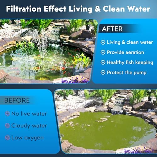 Biling Solar Pond Filter Fountain with Battery Backup 8W Solar Fountain Pump with 3600mAh Battery Filter Clean for Small Pond Water Feature Waterfall, Work Stable in Daytime