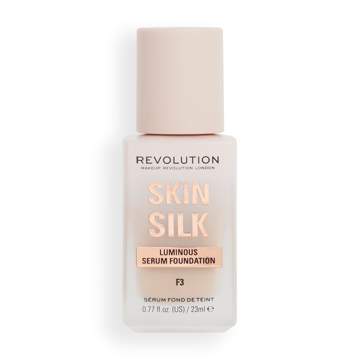 Revolution Beauty, Skin Silk Serum Foundation, Light to Medium Coverage, Lightweight & Radiant Finish, Contains Hyaluronic Acid, F3 Light Skin Tones, 0.77 Fl. Oz.