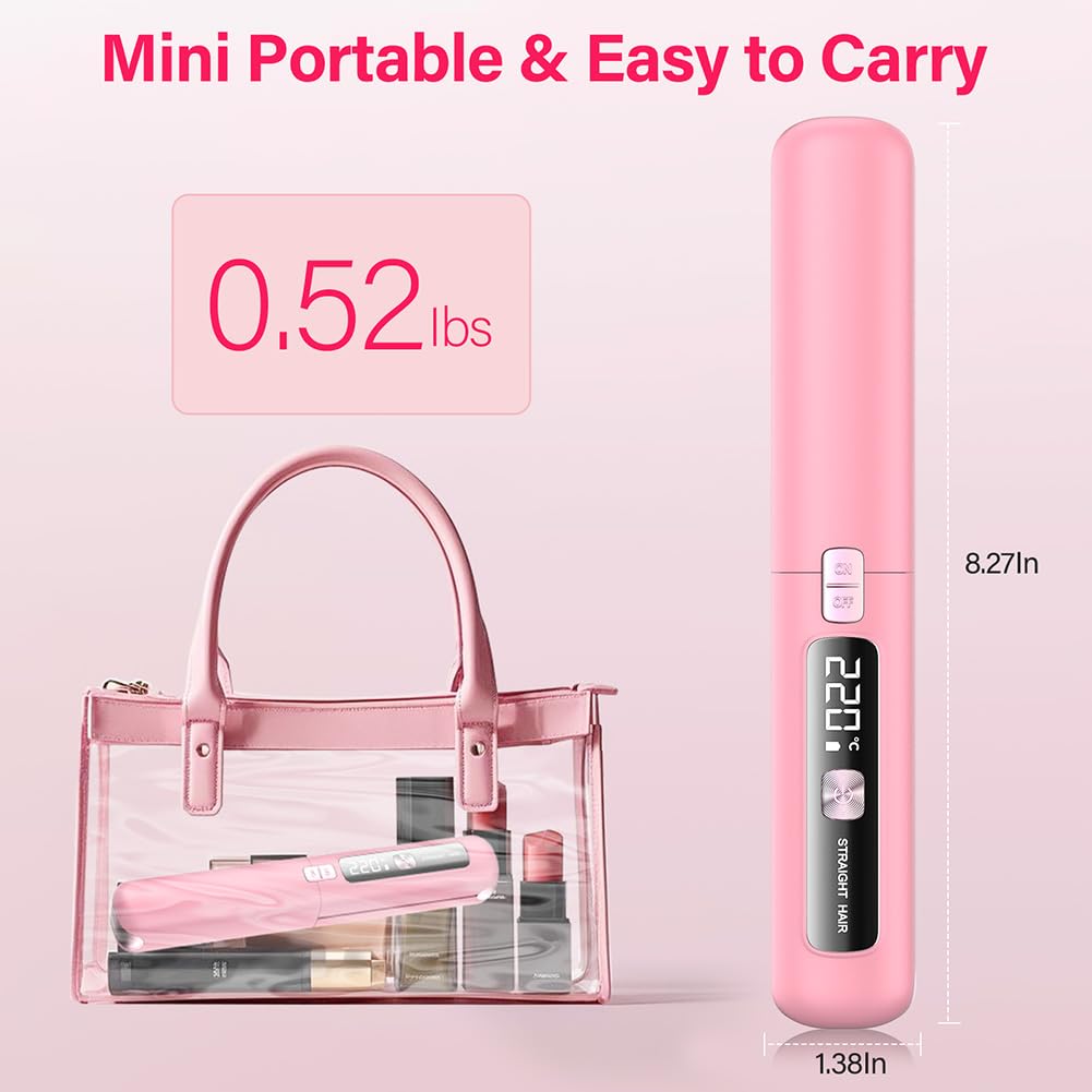 Cordless Hair Straightener and Curler 2 in 1 Mini Lightweight and Small USB Rechargeable with 4500mAh Battery 10s Fast Heating Portable Ceramic Flat Iron for Travel (Pink)