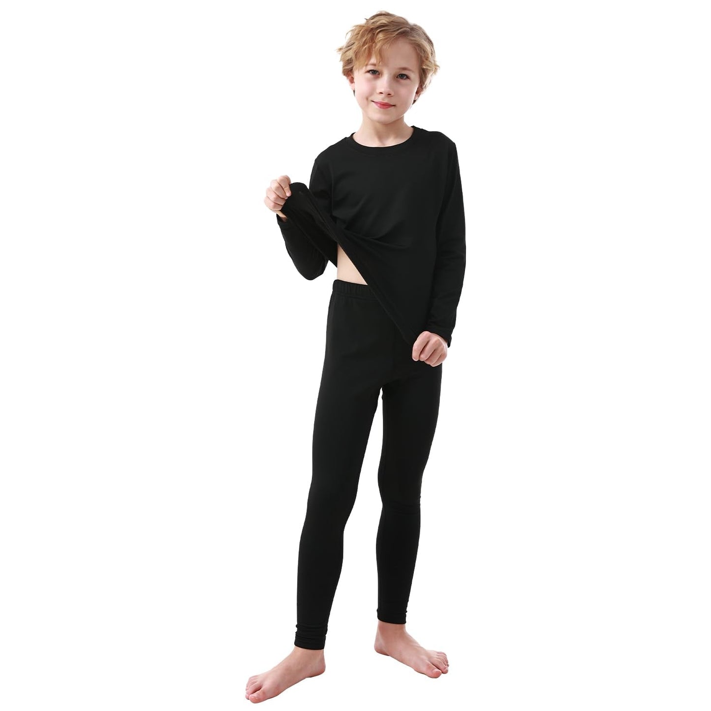 PISIQI Thermal Underwear Set for Boys Ultra Soft Fleece Lined Kids Long Johns Base Layer Thermal Top & Bottom Winter Warm Set Black