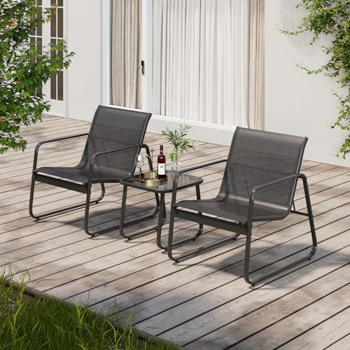 Gizoon Patio Chairs Set of 2, Patio Furniture Set with Metal Frame Glass Table, Outdoor Chairs Set of 2 for Balcony, Bistro Table and Chairs Set for Lawn, Black