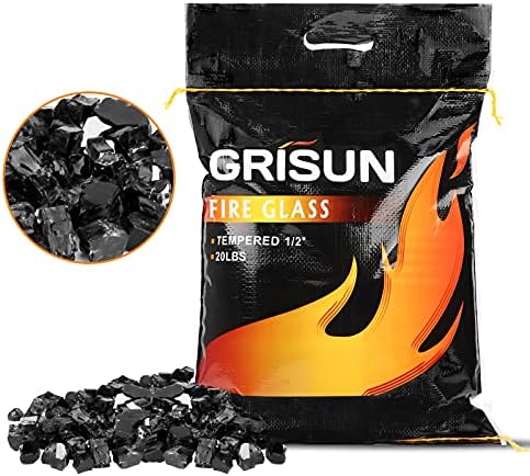 GRISUN Onyx Black Fire Glass for Fire Pit, 20 Pounds 1/2 Inch High Luster Reflective Tempered Glass Rocks for Natural or Propane Fireplace, Safe for Outdoors and Indoors Firepit Glass