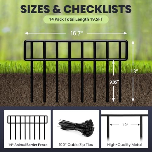 19.5Ft(L) X 13Inch(H) Animal Barrier Fence,14 Pack No Dig Fence Panels, Dog Dig Fence Barrier, Metal Small Garden Fence Border for Dogs Rabbits Defense, Bottom Blocker for Outdoor Yard Patio