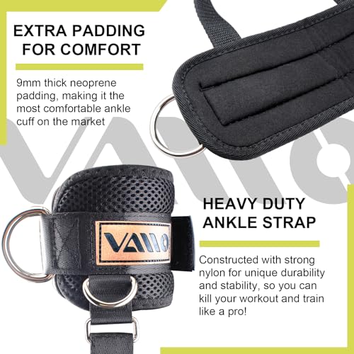 VAIIO Adjustable Comfort fit Neoprene, Ankle Straps for Cable Machines, 5 D-Ring Design & Extra Strap -The extra strap under your feet boosts stability for maximum thigh and leg activation in each rep