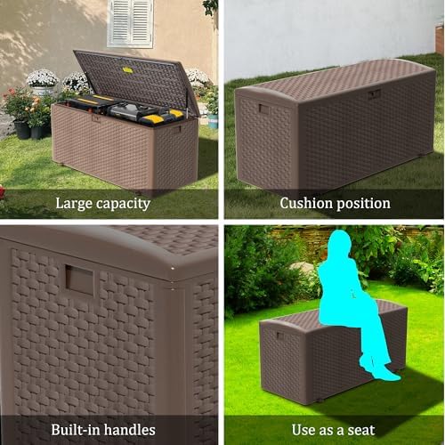 Premium Pro Edition 150 Gallon Lockable Resin Deck Box, Waterproof & UV-Resistant Outdoor Storage Box for Outdoor Cushion Storage, Garden Tools & Pool Accessories Storage, Brown