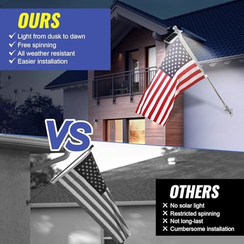 Flag Pole Kit with Solar Light and American Flag, 5 Ft Aluminum Silver No Tangle Spinning Pole, 2-Position Bracket, Easy Install-Outdoor, Commercial Use, 8 Hour Dusk to Dawn Auto On/Off