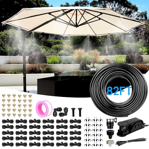 Misting Cooling System, 82FT (25M) Misting Line + 30 Brass Mist Nozzles + Brass Adapter(3/4") for Patio Garden Greenhouse